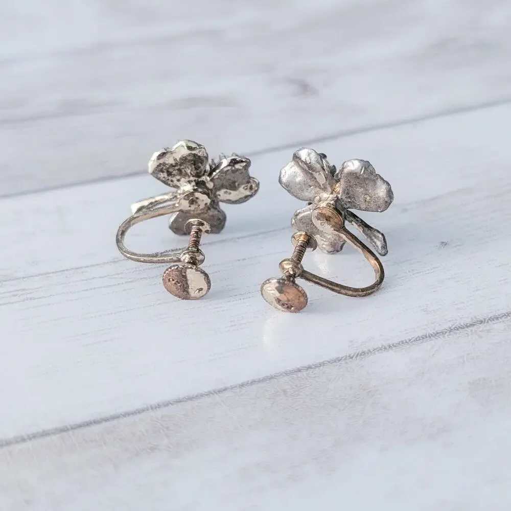 Vintage Vanco Screw On Earrings Shamrock with Faux Pearls